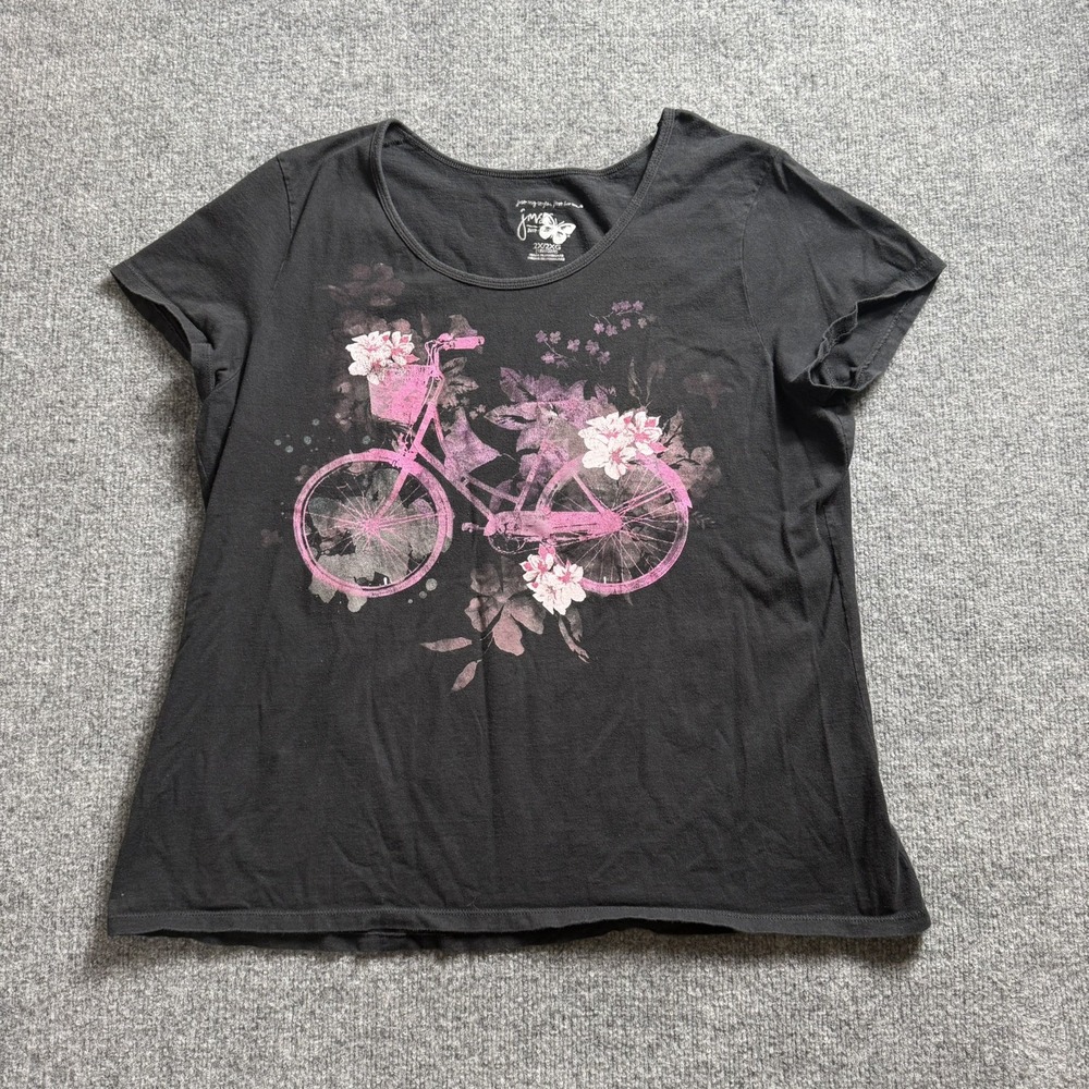 Floral Bicycle Graphic Tee Shirt Womens Vintage Pink Bike Flower Basket Top 2X